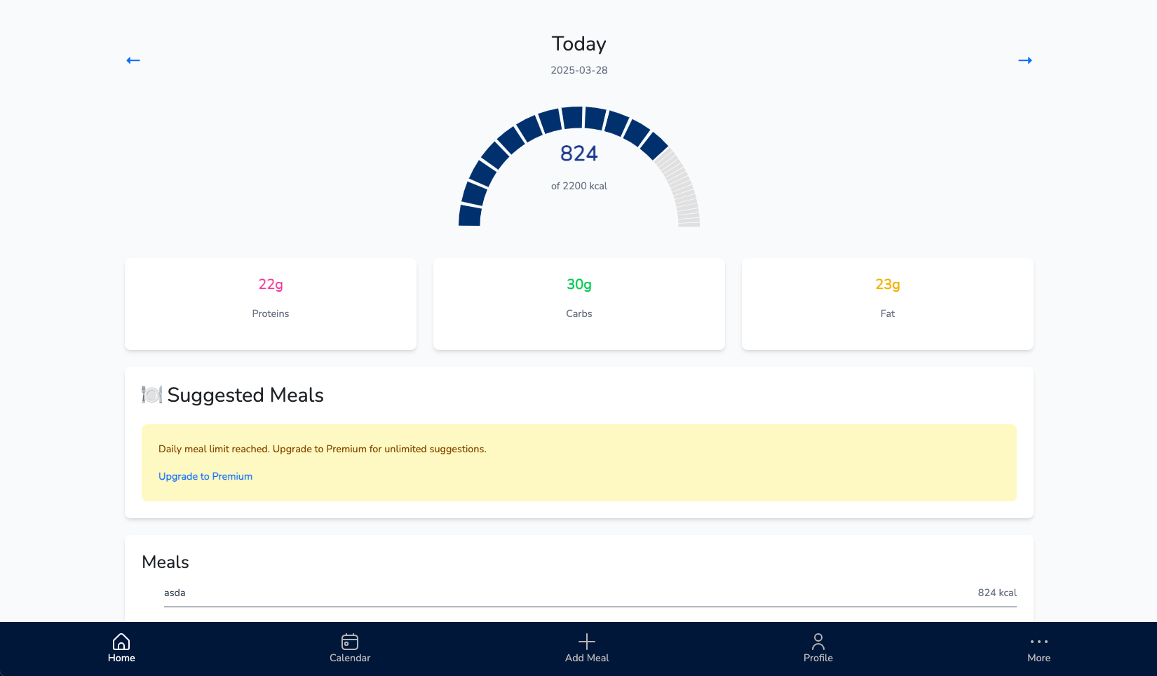 Dashboard screen of Diet App